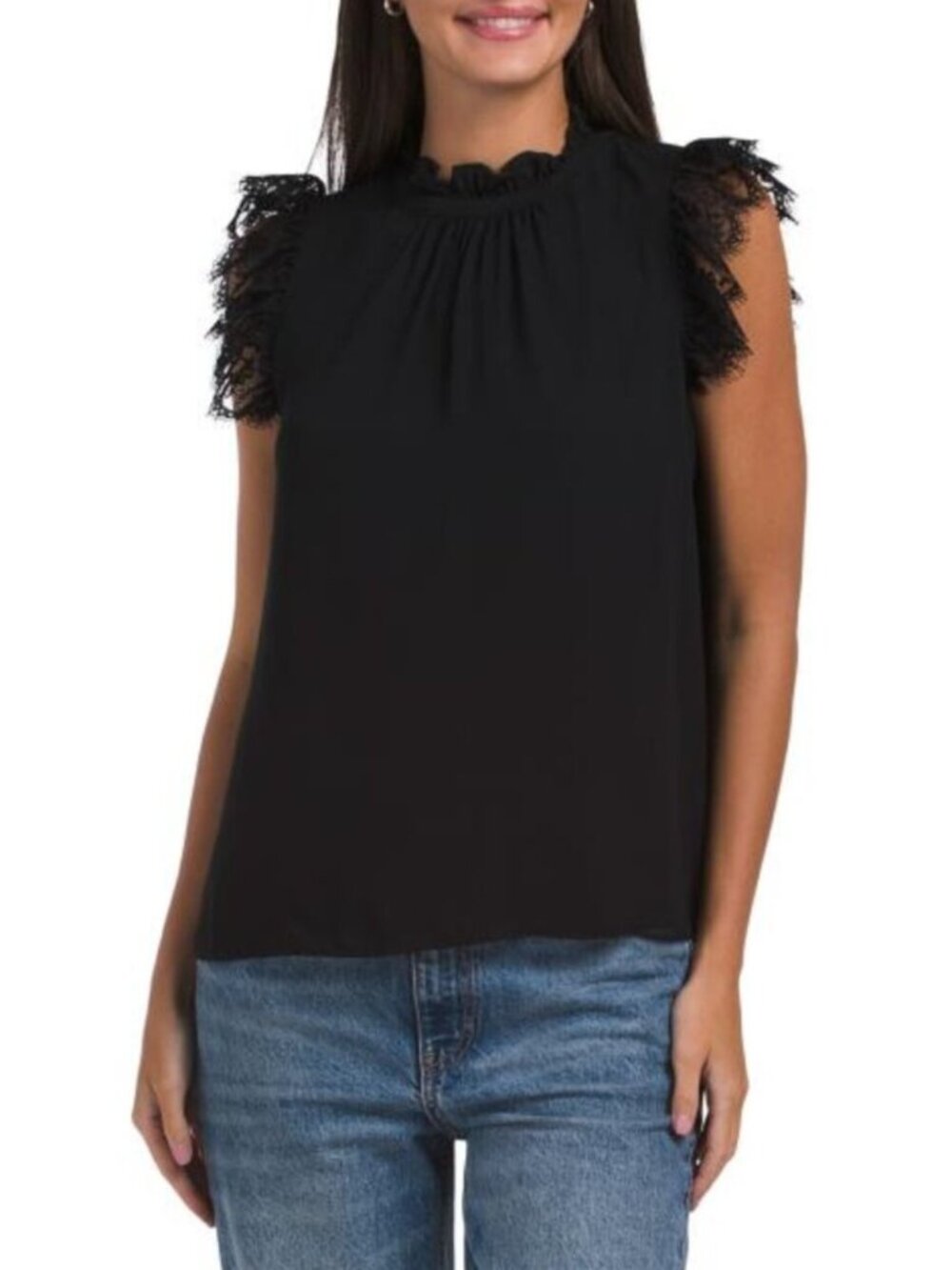 CATHERINE MALANDRINO Petite Ruffle Mock Neck Top With Lace